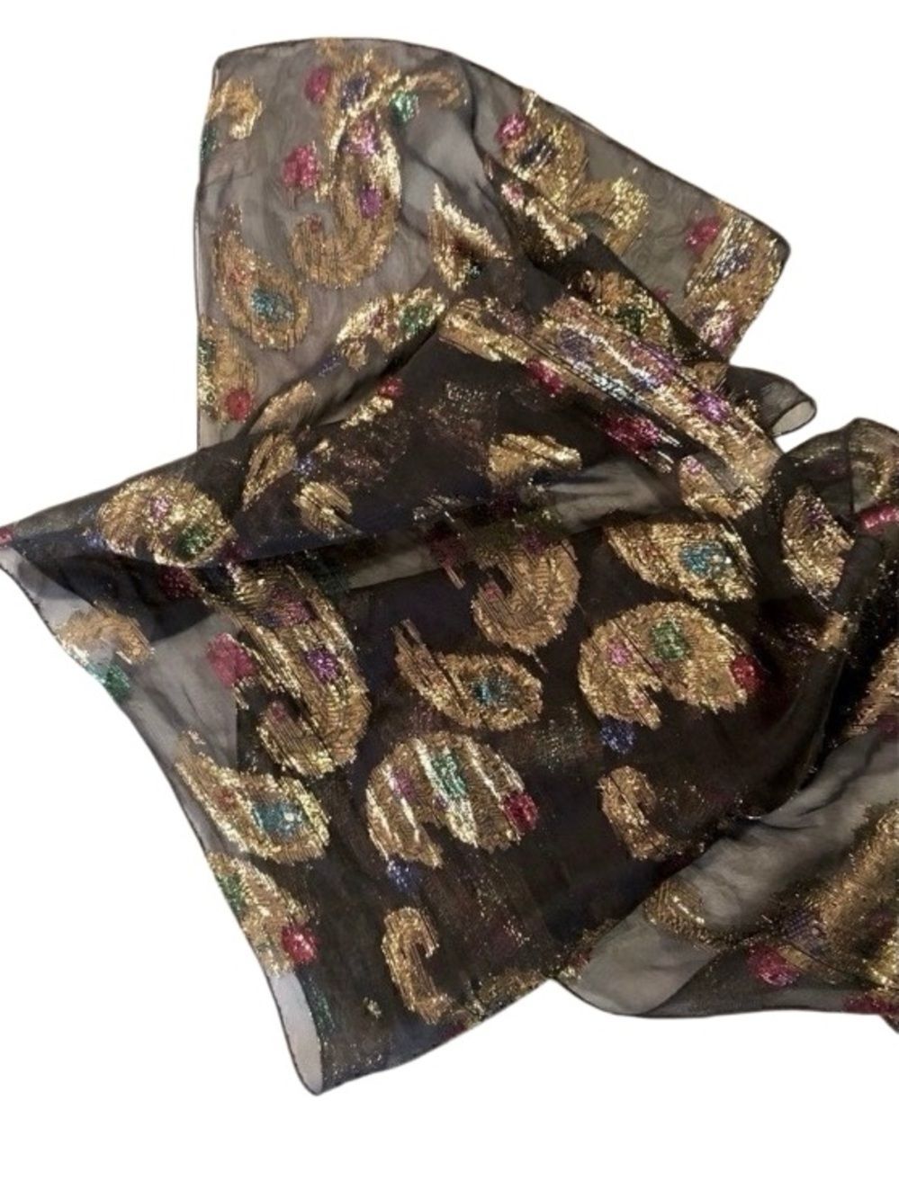 80’s Vintage Scarf Sheer Metallic Paisley in Black/Gold w/ Multi Colored Accents